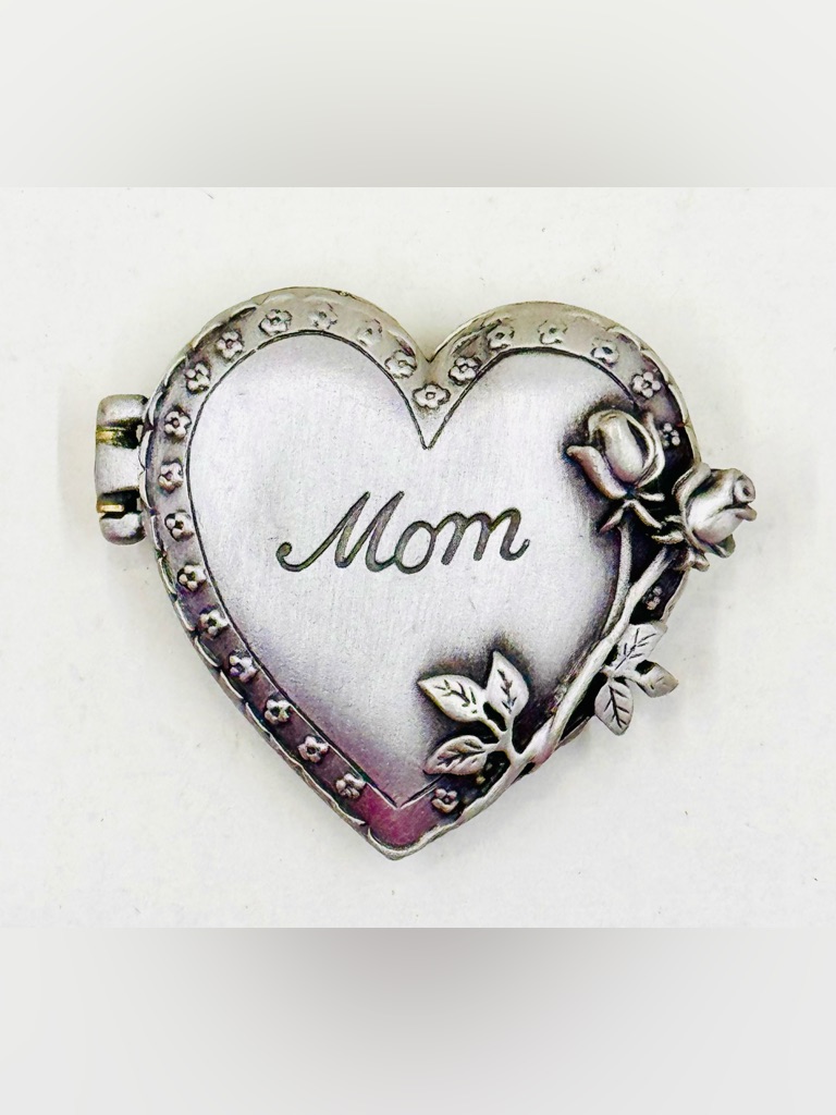 Jj Jonette Vintage Silver Tone “Mom” Heart With Roses Locket Brooch